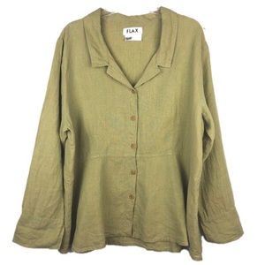Flax Green Linen Button Down Blouse Size Large